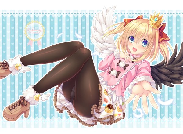 Anime picture 2645x1937 with shironeko project maaru (shironeko project) nagare yoshimi single looking at viewer fringe highres short hair open mouth blue eyes light erotic blonde hair smile hair between eyes bent knee (knees) long sleeves high heels two side up upskirt outline