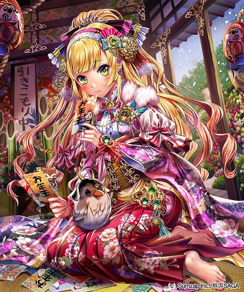 Anime picture 833x1000 with sengoku saga esphy single long hair tall image looking at viewer blush fringe blonde hair hair between eyes sitting holding green eyes full body indoors blunt bangs traditional clothes parted lips japanese clothes multicolored hair