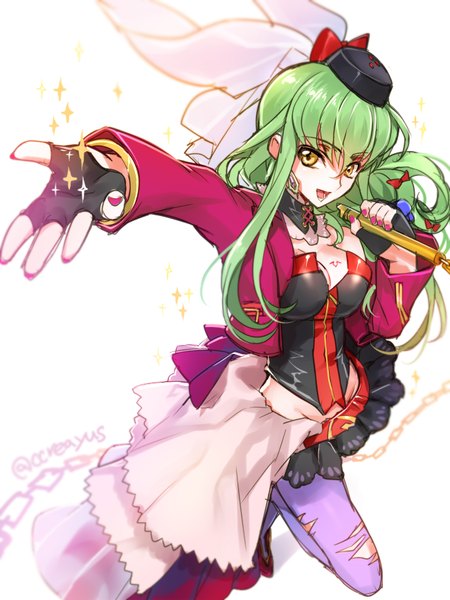 Anime picture 650x866 with code geass macross macross frontier macross frontier: sayonara no tsubasa sunrise (studio) c.c. sheryl nome creayus single long hair tall image fringe open mouth simple background white background signed yellow eyes nail polish green hair from above