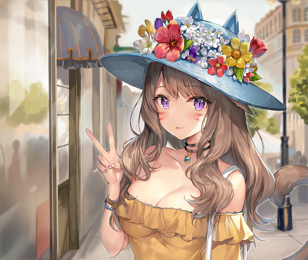 Anime picture 1200x1012 with final fantasy final fantasy xiv square enix miqo'te momoko (momopoco) single long hair looking at viewer blush fringe breasts open mouth light erotic hair between eyes brown hair large breasts purple eyes bare shoulders animal ears payot