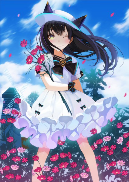 Anime picture 620x876 with original lloule single long hair tall image looking at viewer blush fringe black hair smile standing animal ears yellow eyes sky cloud (clouds) outdoors one eye closed wind cat ears summer