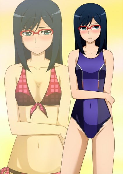 Anime picture 847x1200 with ano hi mita hana no namae wo bokutachi wa mada shiranai a-1 pictures tsurumi chiriko kenken long hair tall image blush blue eyes light erotic blue hair zoom layer girl swimsuit bikini glasses