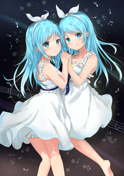 Anime picture 2508x3541 with sound voltex noah (sound voltex) near (sound voltex) na kyo long hair tall image looking at viewer blush fringe highres open mouth simple background smile standing multiple girls payot aqua eyes aqua hair sleeveless holding hands