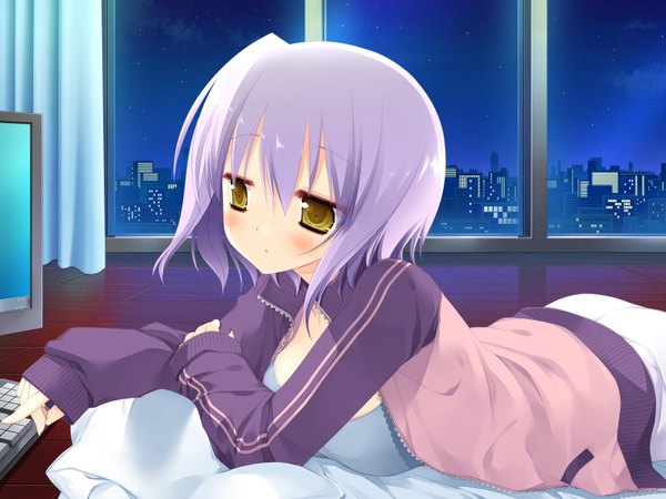 Anime picture 1600x1200 with kicking horse rhapsody makinosono izuho blush short hair yellow eyes game cg purple hair girl