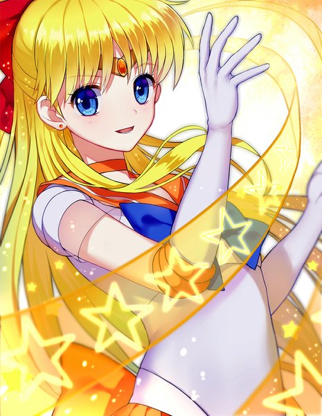 Anime picture 800x1032 with bishoujo senshi sailor moon toei animation aino minako sailor venus s a~ single long hair tall image open mouth blue eyes blonde hair ponytail half updo girl gloves bow hair bow elbow gloves white gloves star (symbol)