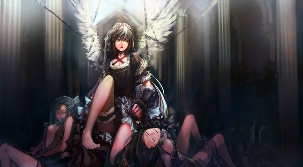 Anime picture 4000x2207 with original blueman long hair highres open mouth black hair wide image multiple girls bent knee (knees) eyes closed barefoot aqua eyes sunlight aqua hair bare legs legs angel death girl dress