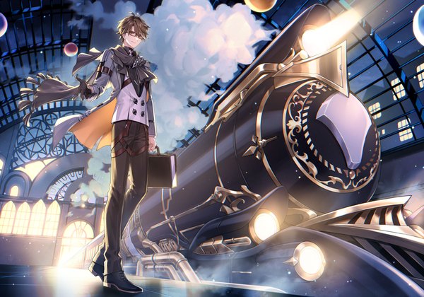 Anime picture 2500x1750 with honkai: star rail honkai (series) welt yang amaichi esora single looking at viewer fringe highres short hair brown hair brown eyes full body hair over one eye official art from below light steam boy gloves black gloves