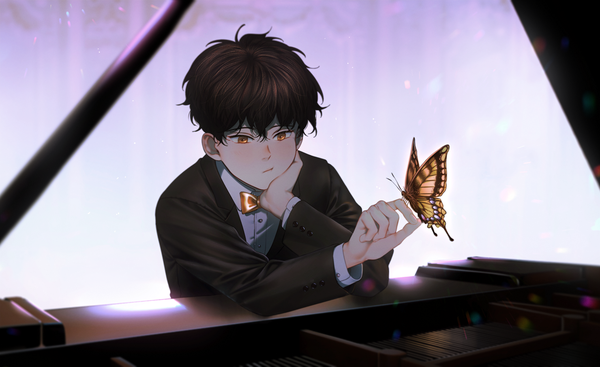 Anime picture 1480x907 with bj alex ahn jiwon e7 (runaway162) single fringe short hair black hair simple background hair between eyes wide image yellow eyes looking away upper body gradient background purple background chin rest butterfly on hand formal boy shirt