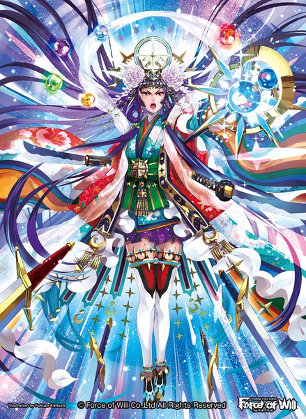 Anime-Bild 730x997 mit force of will kaguya (force of will) fukuzou single tall image looking at viewer open mouth red eyes purple hair full body very long hair aqua hair official art copyright name floating hair outstretched arm floral print girl thighhighs weapon