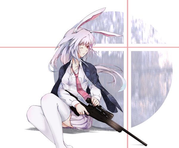 Anime picture 1400x1157 with touhou reisen udongein inaba white background bunny ears bunny girl girl serafuku gun
