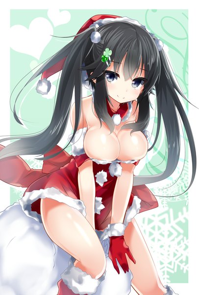 Anime picture 1000x1476 with original kazu kakao single long hair tall image breasts blue eyes light erotic black hair large breasts twintails fur trim christmas merry christmas girl gloves hair ornament hairclip fur santa claus hat