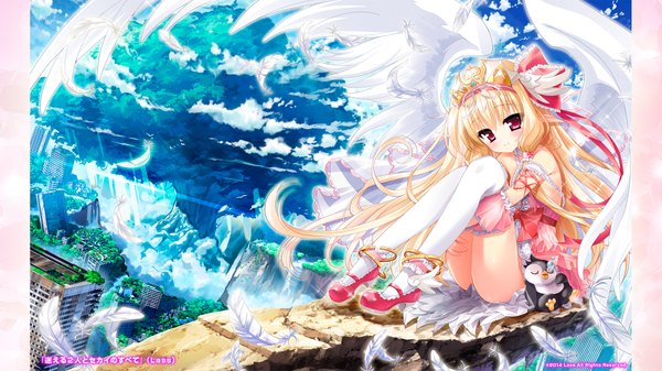 Anime picture 1920x1080 with mayoeru futari to sekai no subete vier youta single long hair looking at viewer blush highres blonde hair red eyes wide image sitting sky cloud (clouds) girl thighhighs dress bow hair bow white thighhighs