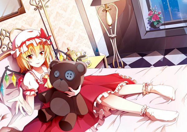 Anime picture 1100x778 with touhou flandre scarlet lac single looking at viewer blush short hair open mouth blonde hair smile sky ponytail side ponytail girl dress flower (flowers) hat wings socks pillow
