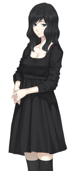 Anime picture 904x2000 with kara no shoujo 2 innocent grey sugina miki single long hair tall image looking at viewer breasts black hair large breasts standing brown eyes cleavage grey background erect nipples covered nipples girl dress socks black dress