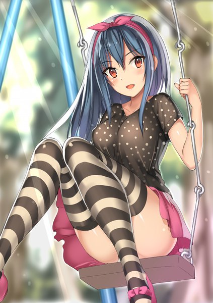 Anime picture 565x800 with touhou hinanawi tenshi kureha (ironika) single long hair tall image looking at viewer blush fringe breasts open mouth light erotic smile hair between eyes sitting holding brown eyes payot blue hair outdoors