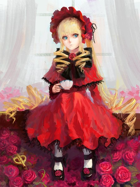 Anime picture 1200x1600 with rozen maiden shinku tuzki single long hair tall image fringe blue eyes blonde hair sitting twintails holding looking away long sleeves drill hair girl dress flower (flowers) bow hat