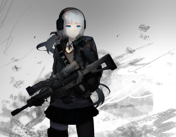 Anime picture 2283x1774 with original xiaoxiao single long hair fringe highres blue eyes standing looking away blunt bangs grey hair low ponytail girl gloves weapon black gloves headphones gun cross backpack