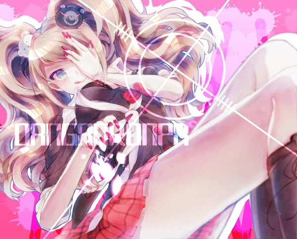 Anime picture 1024x825 with dangan ronpa enoshima junko monokuma yasiromann single long hair looking at viewer blush fringe smile twintails bent knee (knees) nail polish aqua eyes fingernails wavy hair covering glow covering eye (eyes) girl