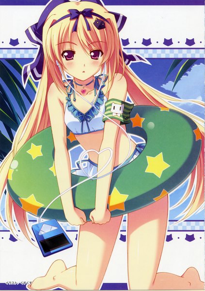 Anime picture 1644x2331 with sakura strasse lulli kusukusu single long hair tall image blush blonde hair red eyes twintails sky cloud (clouds) barefoot scan kneeling striped checkered star print heart of string girl