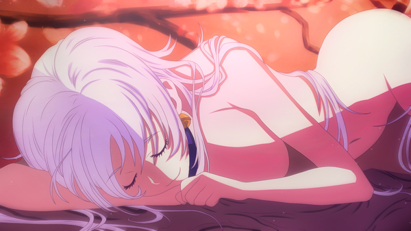 Anime picture 1896x1068 with k-project gohands (studio) neko (k project) nuclearagent single long hair highres light erotic smile wide image white hair eyes closed coloring light sleeping girl bell jingle bell branch