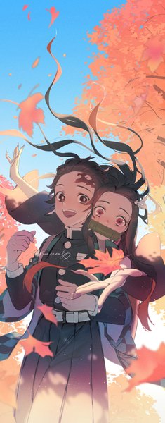 Anime picture 700x1788 with kimetsu no yaiba ufotable kamado nezuko kamado tanjirou sua lucid long hair tall image looking at viewer short hair open mouth black hair red eyes outdoors :d scar siblings autumn brother and sister girl boy
