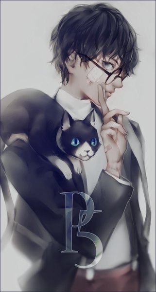 Anime picture 1500x2800 with persona 5 persona amamiya ren morgana (persona 5) fuyuse (tachinami) single tall image looking at viewer fringe short hair black hair simple background profile blurry grey background grey eyes copyright name bandaid on face animal on shoulder boy