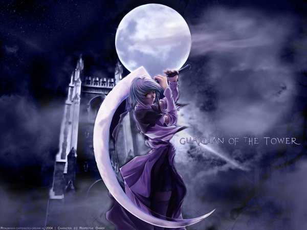 Anime picture 1600x1200 with hiiro yuki ritalin single looking at viewer short hair red eyes signed blue hair night night sky third-party edit girl weapon sword moon full moon huge weapon castle
