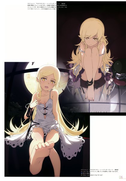 Anime picture 2451x3500 with bakemonogatari shaft (studio) monogatari (series) milky been! (ogipote) - chara pack 2017 (artbook) oshino shinobu ogipote long hair tall image looking at viewer highres open mouth light erotic blonde hair white background sitting multiple girls yellow eyes barefoot fingernails pointy ears