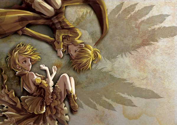 Anime picture 2000x1414 with vocaloid kagamine rin kagamine len tagme (artist) fringe highres short hair blonde hair yellow eyes lying alternate costume angel wings eye contact twins fake wings girl boy wings boots thigh boots