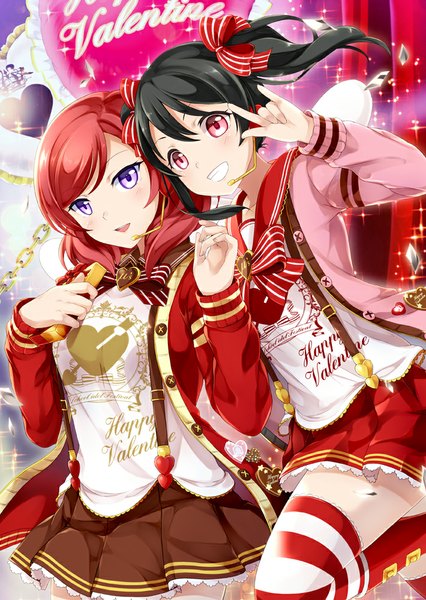 Anime picture 710x1000 with love live! school idol project sunrise (studio) love live! nishikino maki yazawa nico ninamo tall image short hair open mouth black hair smile red eyes purple eyes twintails multiple girls red hair grin valentine mmm girl