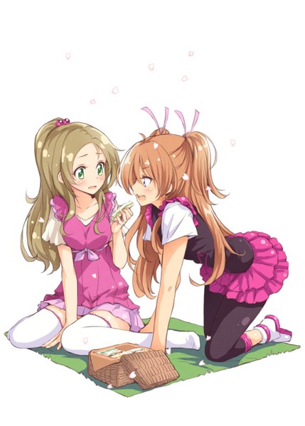 Anime picture 722x1010 with precure suite precure toei animation houjou hibiki minamino kanade tokunou shoutarou long hair tall image blush open mouth simple background brown hair white background sitting multiple girls green eyes full body profile two side up no shoes