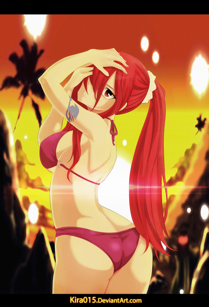 Anime picture 1092x1600 with fairy tail erza scarlet kira015 single long hair tall image fringe breasts light erotic large breasts brown eyes sky ponytail red hair looking back sunlight hair over one eye tattoo coloring evening