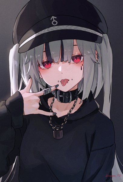 Anime picture 1686x2487 with original sooon single long hair tall image looking at viewer blush fringe black hair hair between eyes red eyes twintails signed upper body blunt bangs long sleeves nail polish multicolored hair grey hair two-tone hair