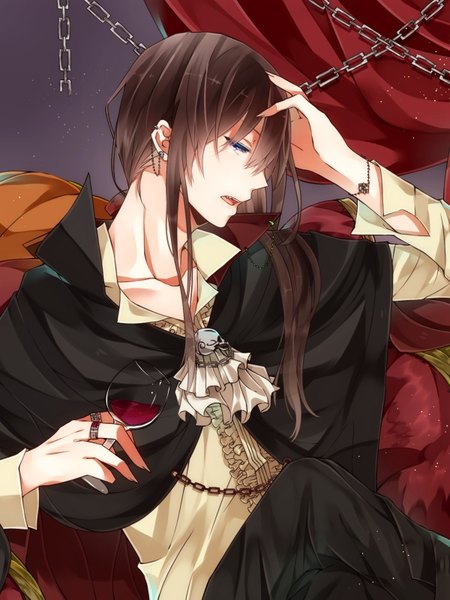 Anime picture 600x800 with d.gray-man kanda yuu maki (lovyu) single long hair tall image looking at viewer fringe open mouth simple background hair between eyes brown hair sitting purple eyes long sleeves profile fingernails crossed legs piercing ear piercing