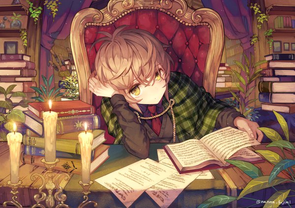 Anime picture 2046x1447 with original 778-go single highres short hair brown hair sitting green eyes signed twitter username head rest girl plant (plants) book (books) candle (candles) potted plant