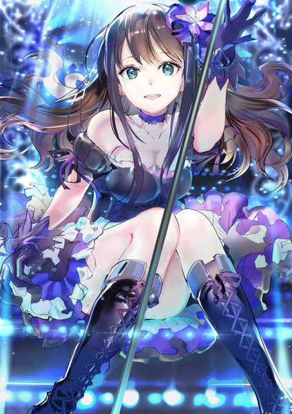 Anime picture 890x1260 with idolmaster idolmaster cinderella girls shibuya rin 119 single long hair tall image looking at viewer fringe breasts open mouth light erotic brown hair bare shoulders payot cleavage bent knee (knees) hair flower aqua eyes off shoulder