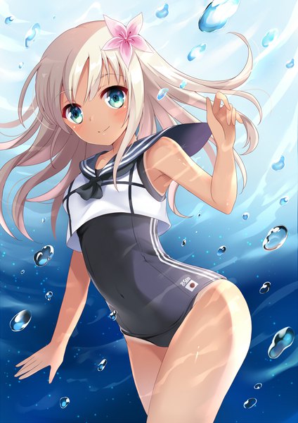 Anime picture 700x990 with kantai collection ro-500 submarine harimoji single long hair tall image looking at viewer blush light erotic blonde hair smile hair flower aqua eyes dark skin underwater girl flower (flowers) swimsuit one-piece swimsuit bubble (bubbles)