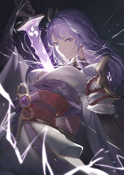 Anime picture 1447x2047 with genshin impact raiden shogun marumoru single long hair tall image purple eyes looking away purple hair traditional clothes japanese clothes black background shaded face expressionless electricity girl weapon sword kimono