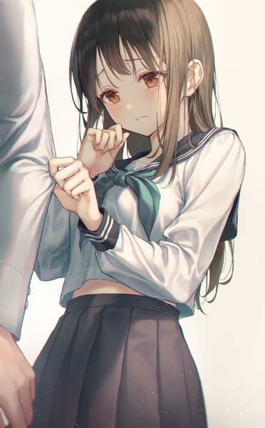 Anime-Bild 1695x2735 mit original r o ha long hair tall image blush fringe simple background hair between eyes brown hair standing brown eyes looking away long sleeves head tilt pleated skirt from below gradient background solo focus head out of frame anaglyph