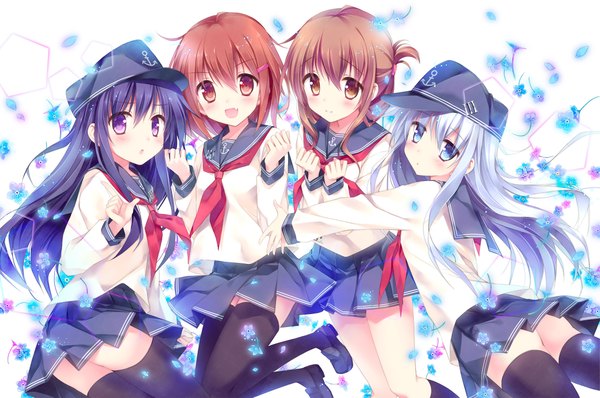 Anime picture 2300x1526 with kantai collection hibiki destroyer akatsuki destroyer inazuma destroyer ikazuchi destroyer kimishima ao long hair blush highres short hair open mouth blue eyes simple background red eyes brown hair white background purple eyes multiple girls brown eyes blue hair