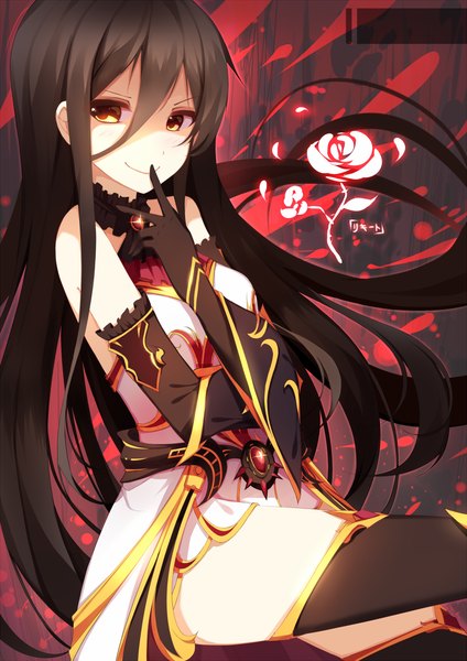 Anime picture 800x1131 with original riki-to single long hair tall image blush black hair smile yellow eyes finger to mouth girl thighhighs gloves flower (flowers) black thighhighs black gloves elbow gloves rose (roses) blood brooch