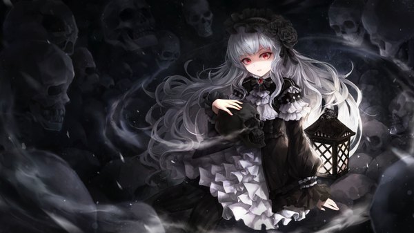 Anime picture 5760x3240 with original crystalherb single long hair looking at viewer fringe highres red eyes wide image sitting absurdres silver hair parted lips puffy sleeves dark background shaded face lolita fashion goth-loli girl dress