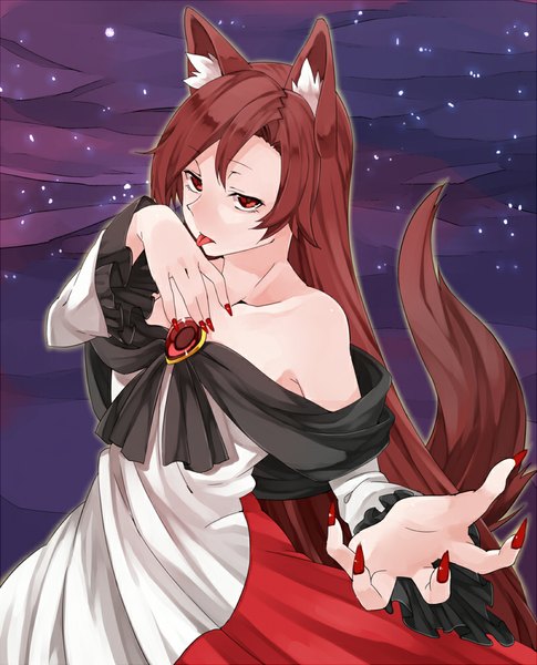 Anime picture 800x990 with touhou imaizumi kagerou akagashi hagane single tall image red eyes brown hair bare shoulders animal ears tail very long hair nail polish animal tail from above outstretched arm wolf ears red nail polish wolf tail girl tongue
