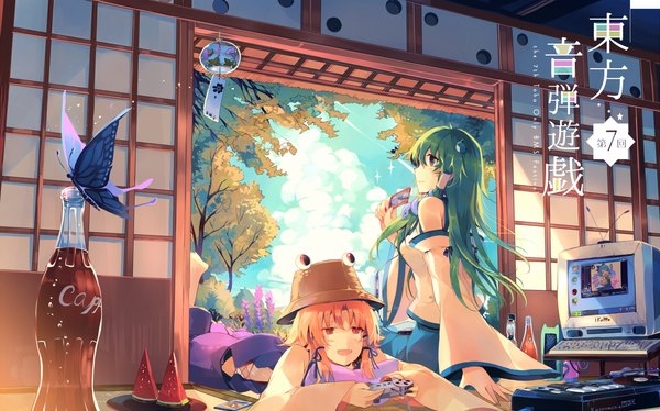 Anime picture 1279x799 with touhou coca-cola kochiya sanae cirno moriya suwako kirero (pixiv) long hair looking at viewer short hair open mouth smile wide image sitting multiple girls green eyes sky cloud (clouds) lying long sleeves traditional clothes