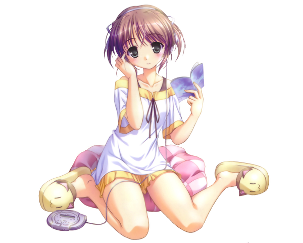 Anime picture 1600x1280 with yoake mae yori ruri iro na august soft asagiri mai bekkankou single looking at viewer blush fringe short hair brown hair sitting bare shoulders payot full body head tilt bare legs grey eyes wariza transparent background hand on headphones