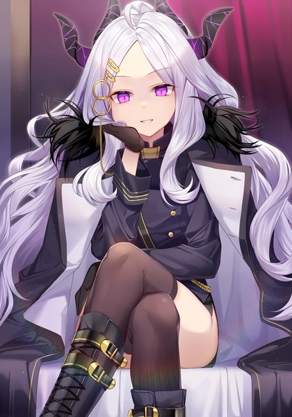 Anime-Bild 1654x2362 mit blue archive hina (blue archive) ion (on01e) single long hair tall image looking at viewer sitting purple eyes silver hair ahoge horn (horns) crossed legs clothes on shoulders head rest girl thighhighs gloves black thighhighs black gloves