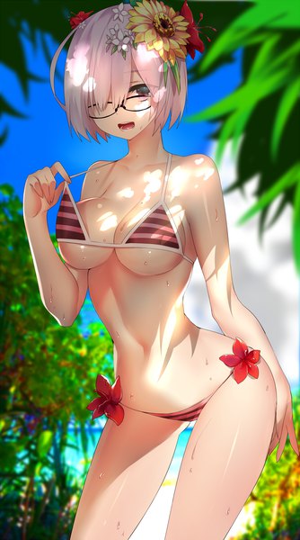 Anime picture 1114x2000 with fate (series) fate/grand order mash kyrielight rahato single tall image looking at viewer fringe short hair breasts open mouth light erotic large breasts standing bare shoulders pink hair sky cleavage cloud (clouds) outdoors