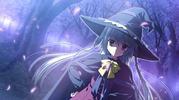 Anime picture 1280x720 with supipara kamishiro alice nanao naru long hair wide image twintails game cg silver hair night cherry blossoms girl ribbon (ribbons) plant (plants) hair ribbon petals tree (trees) witch hat