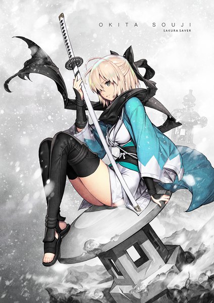 Anime picture 1000x1415 with fate (series) fate/grand order koha-ace okita souji (fate) (all) okita souji (koha-ace) mandrill single tall image looking at viewer fringe short hair light erotic blonde hair sitting holding ahoge bent knee (knees) traditional clothes parted lips japanese clothes