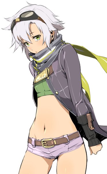 Anime picture 1509x2440 with eiyuu densetsu fie claussell enami katsumi single tall image fringe short hair simple background hair between eyes white background green eyes looking away white hair open jacket bare belly groin arm behind back goggles on head girl navel